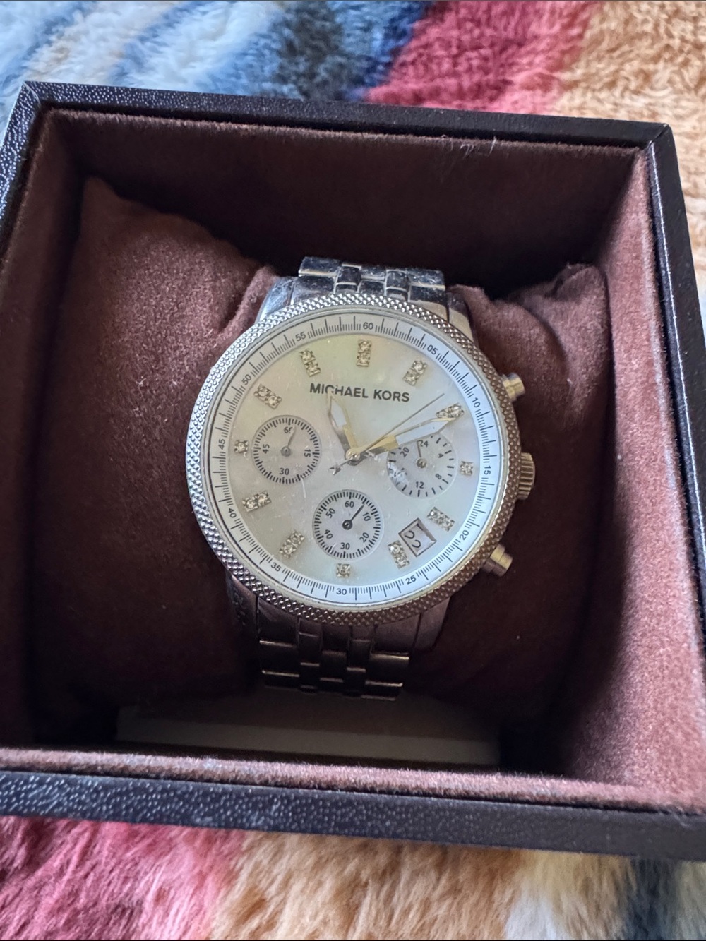 Michael Kors Silver Women’s Chronograph Watch with Crystal Markers and Opal Face